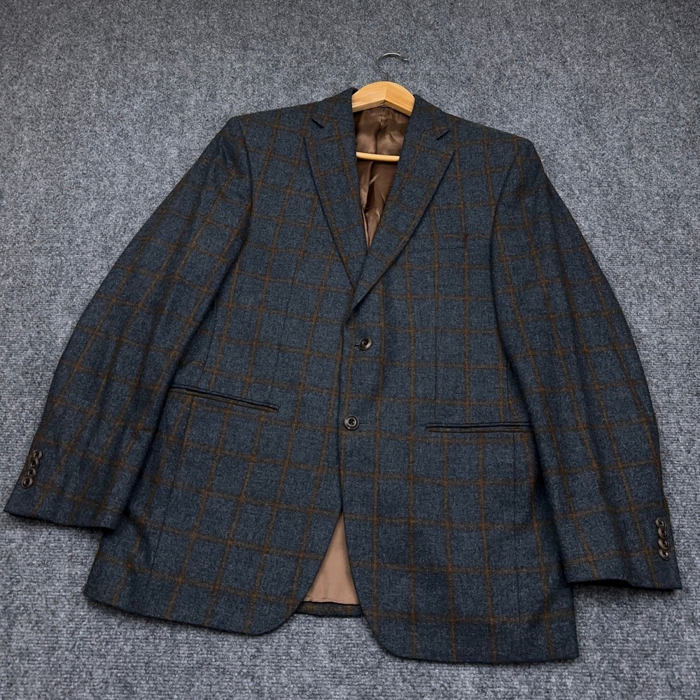 Jack Victor Blazer Sport Coat Men 40R Blue Windowpane Plaid Vince SPJ 130s Wool